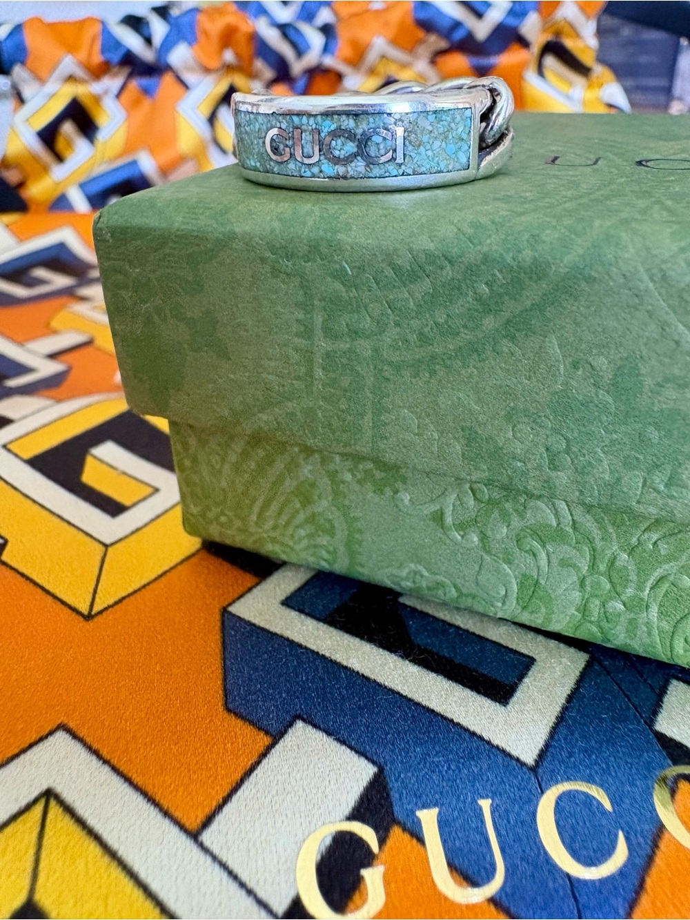 AUTHENTIC GUCCI Plate Ring RARE SET Teal 925 Silver Sz 9 Turquoise Green Inlay - Picture 8 of 10